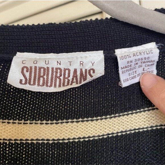 Vintage Country Suburbans Striped Cardigan Sweater Black & Cream Size Large - Picture 2 of 3